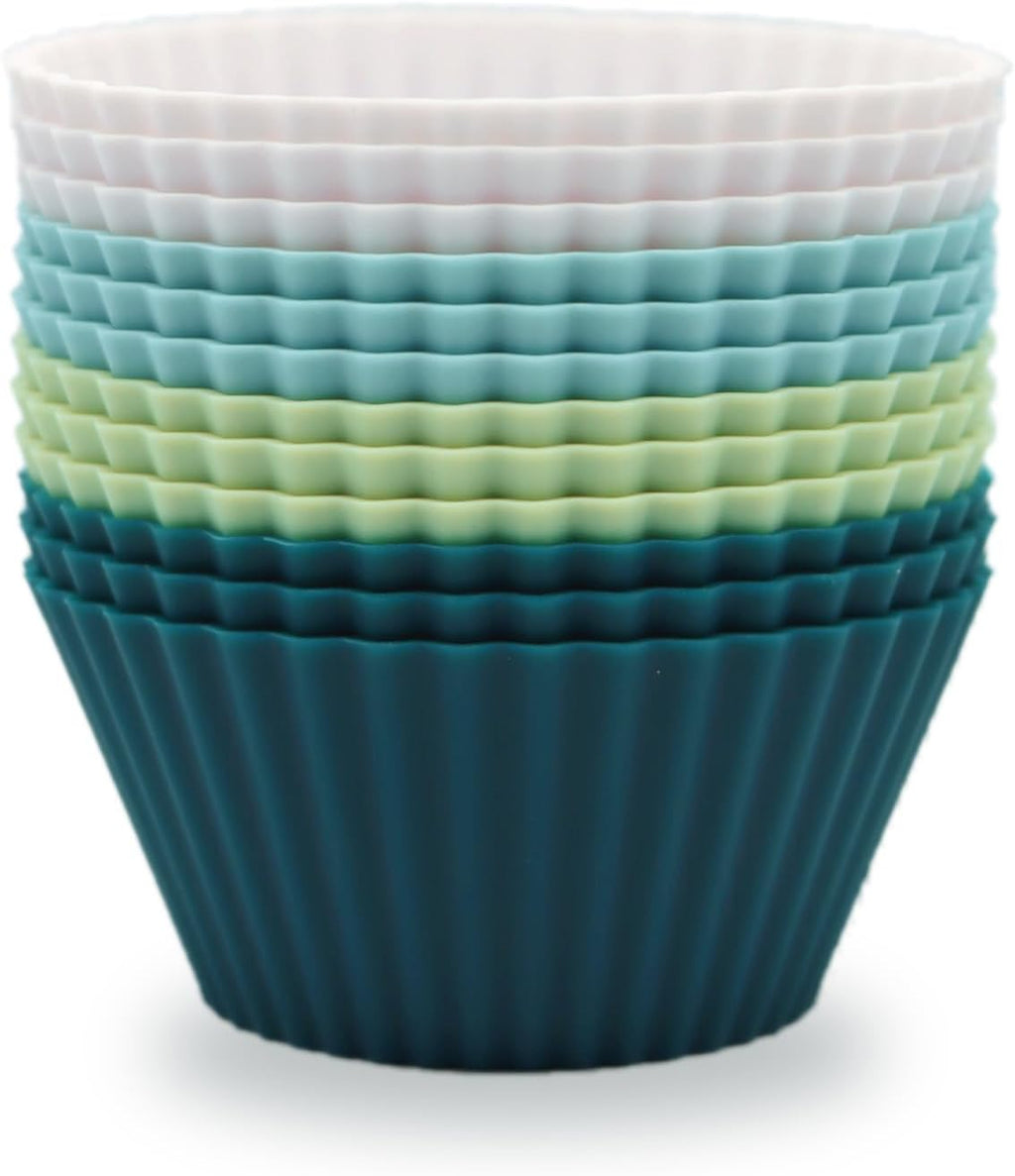 Skiennix Silicone Baking Muffin Cups - 12 Pack Reusable Cupcake Liners | BPA Free, Dishwasher Safe (White, Green, Navy, Dusty Blue)