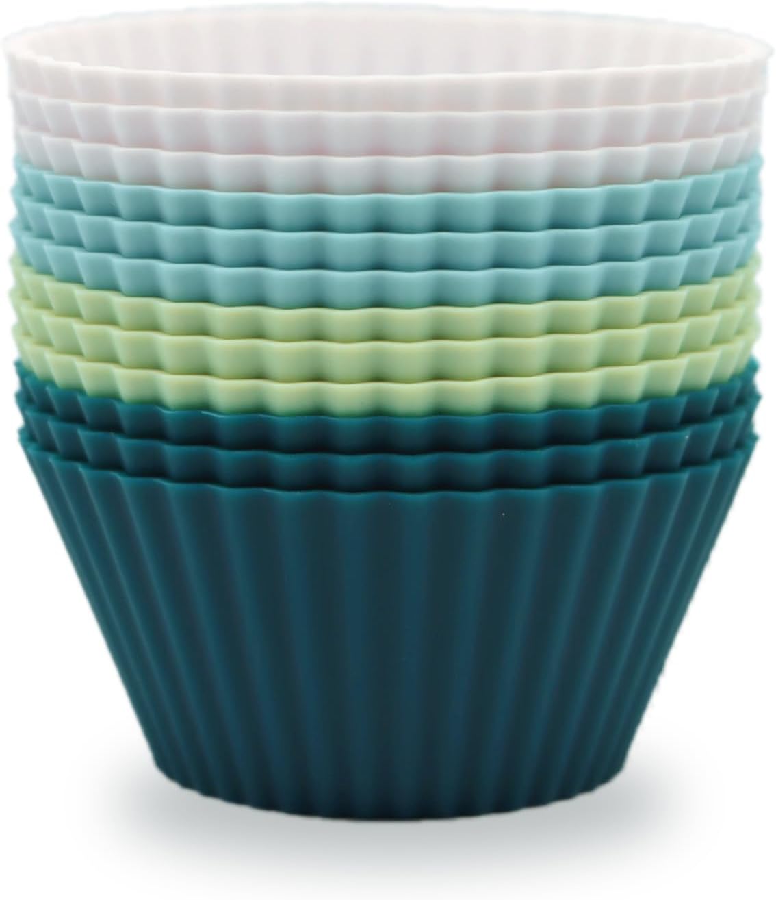 Skiennix Silicone Baking Muffin Cups - 12 Pack Reusable Cupcake Liners | BPA Free, Dishwasher Safe (White, Green, Navy, Dusty Blue)