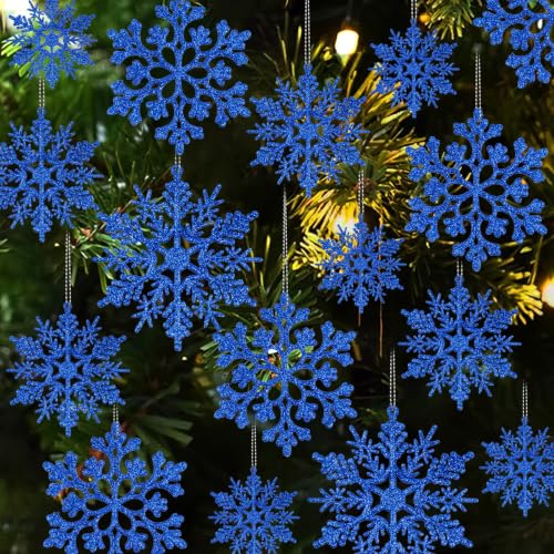 Royal Blue Snowflake Ornaments 36pcs Christmas Glitter Snowflakes for Winter Decorations