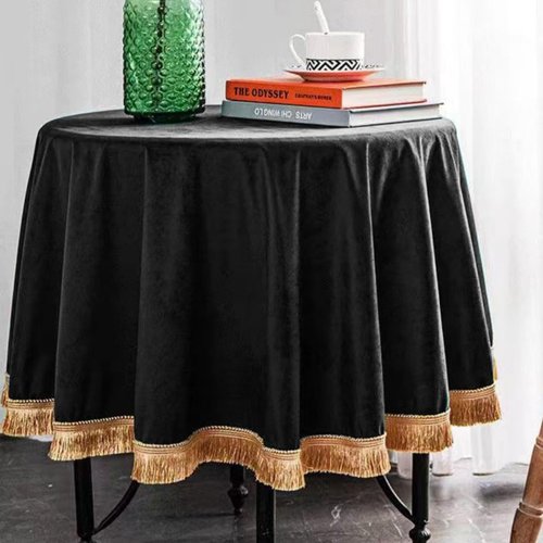 FAIRY KAARI Velvet Tablecloth Luxurious Black Rectangle Table Tablecloth Thickset with Luxurious Gold Tassels Table Cloth for Home Decor Christmas Wedding, Party, Banquet and Events 60X120inch