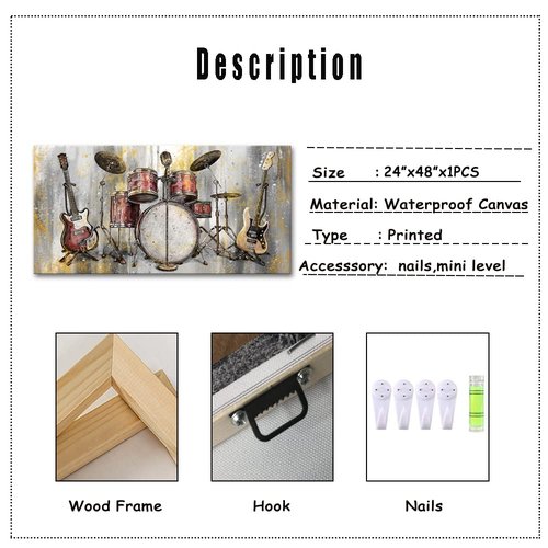 Saypeacher Music Canvas Wall Art Drum Guitar Piano Jazz Painting Pictures Prints Musical Artwork Prints Home Studio Decor 24''x48''