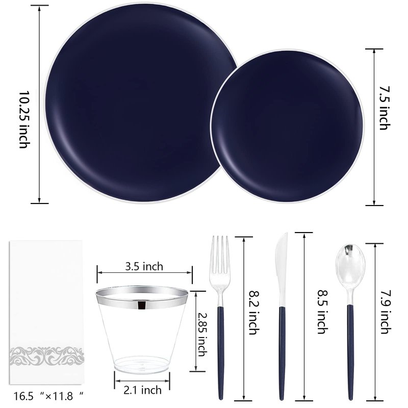 KIRE 175Pcs Blue Plastic Plates with Silver Rim & Disposable Silverware with Blue Handle & Silver-rim Cups & Hand Napkin & Plastic Dinnerware for Parties/Wedding/Graduation/Memorial Day
