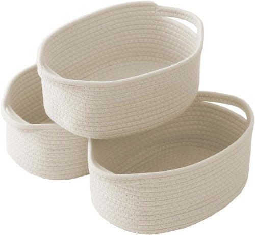 JMvicyroam Woven Basket - Small Rope Storage Bin with Handles for Organizing Shelves | 3-Pack, White