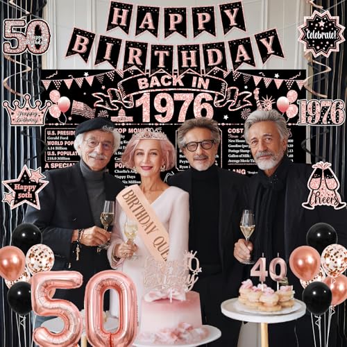 50th Birthday Party Decorations Kit - Rose Gold and Black 1976 Theme