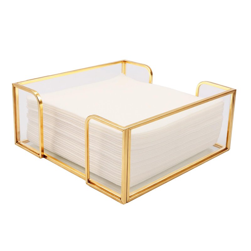 Shonmogar Cocktail Napkin Holder,Gold Square Napkin Holder Fit for 5”x5” Cocktail-Sized Napkins,Glass Napkin Holders for Kitchen Counter Table Party Bar Decor