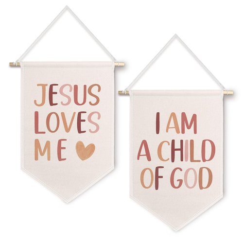 ChissNook Christian Nursery Canvas Banner Set of 2, Boho Nursery Decor Girl Boy Hanging Pennant Banner Flags Wall Display, I Am a Child of God Jesus Loves Me Wall Decor for Kids Room Bedroom Playroom