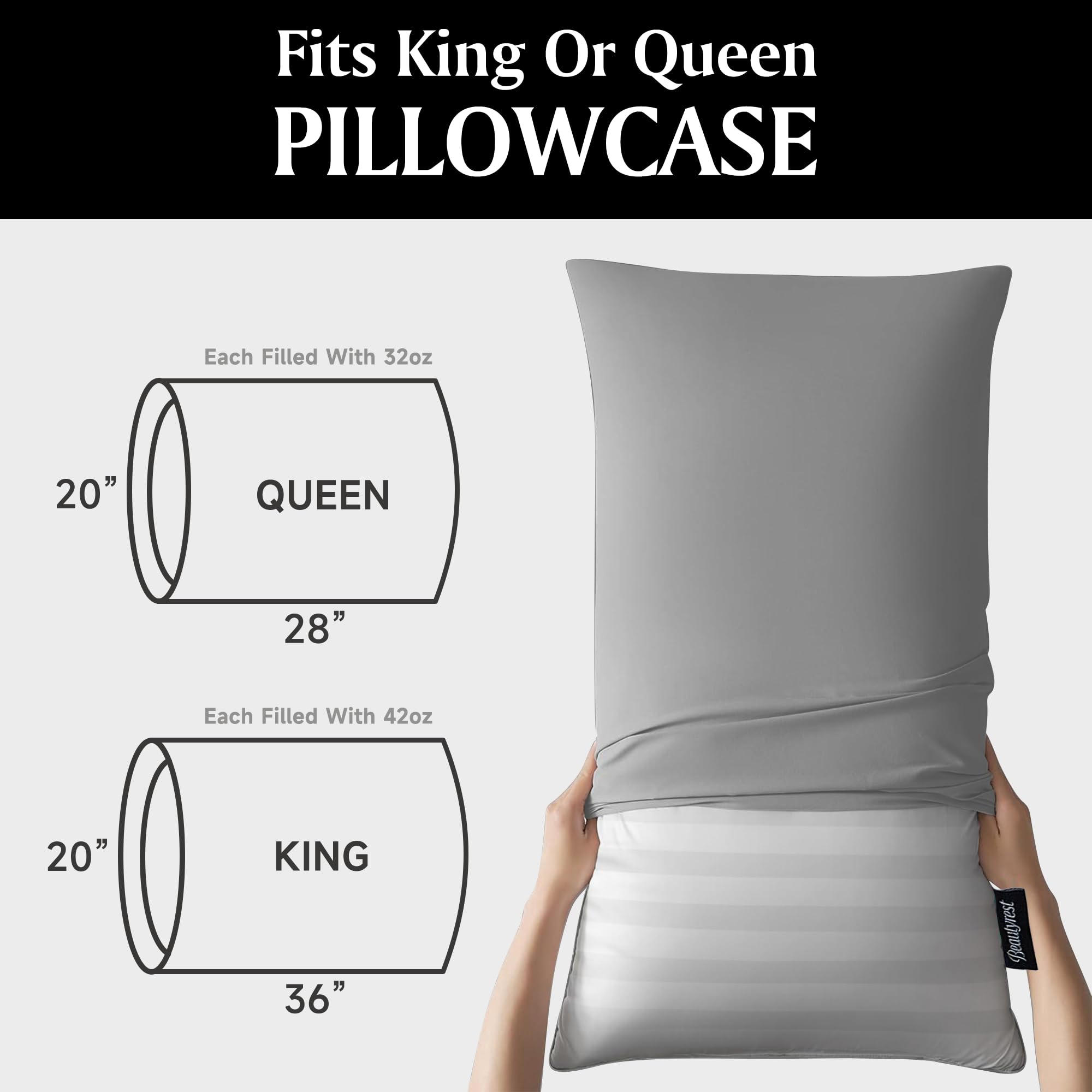 Beautyrest Luxury Goose Feathers Soft Pillows, 500 Thread Count Cover 20”x28”, Queen (Pack of 2), Supportive Fluffy Hotel Collection Bed Pillows for Side and Back Sleepers