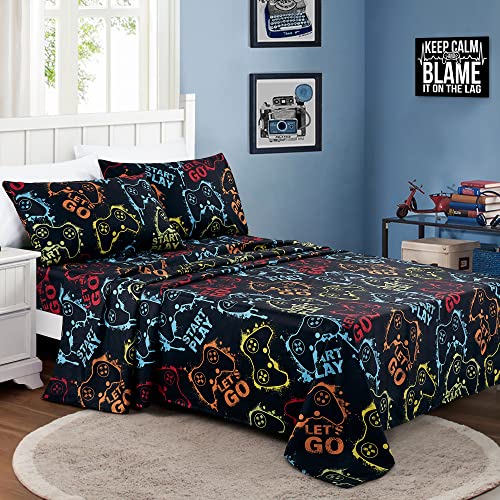 4-Piece Gamer Bed Sheet Set - Full Size Retro Video Game Pattern Bedding