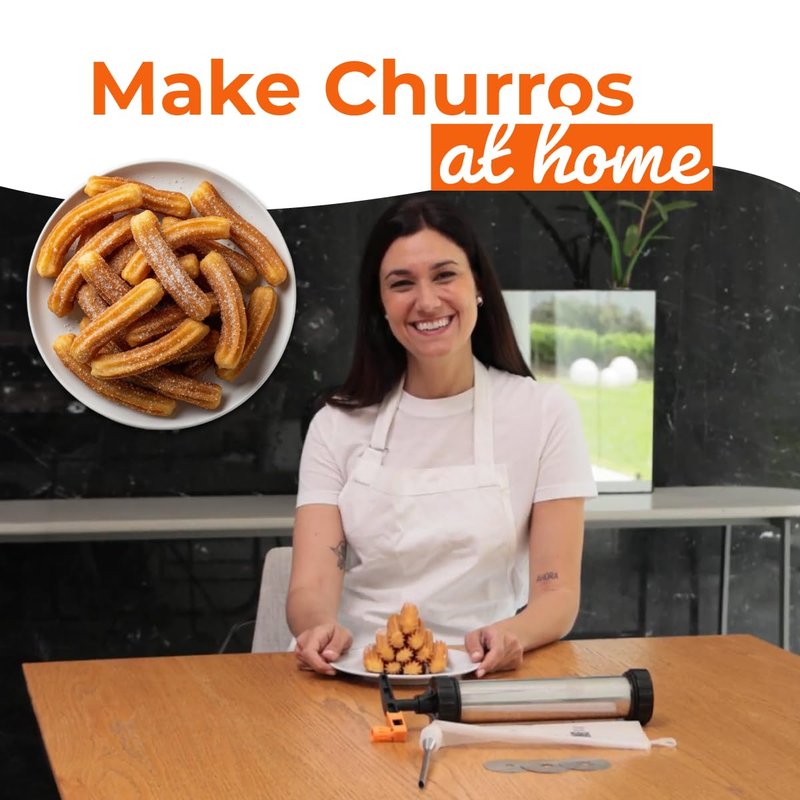 KneadEat Churro Maker Kit with Piping Bag, XL Filling Needle and Decorating Tips Premium Stainless Steel Churrera with Easy Press Handle for Homemade Filled Churros
