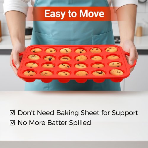 CAKETIME Silicone Mini Muffin Pan - 24-Cup BPA-Free Muffin Molds with Metal Reinforced Frame | Red, 2-Pack