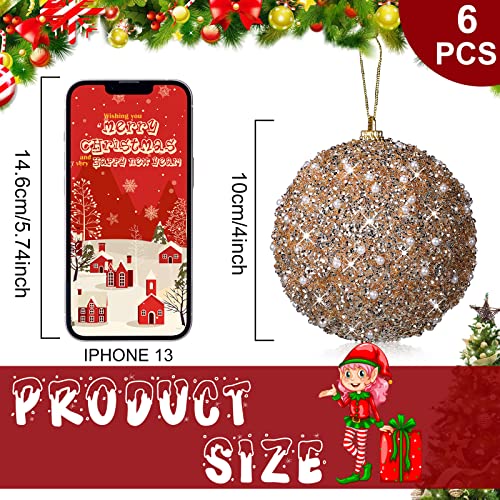 Champagne 6-Piece Christmas Ball Ornaments 4in Glitter Pearls Foam PVC