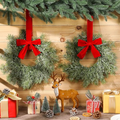 Retrowavy 18 Pack 12 Inch Artificial Christmas Wreaths with Red Bows - Small Decor Set