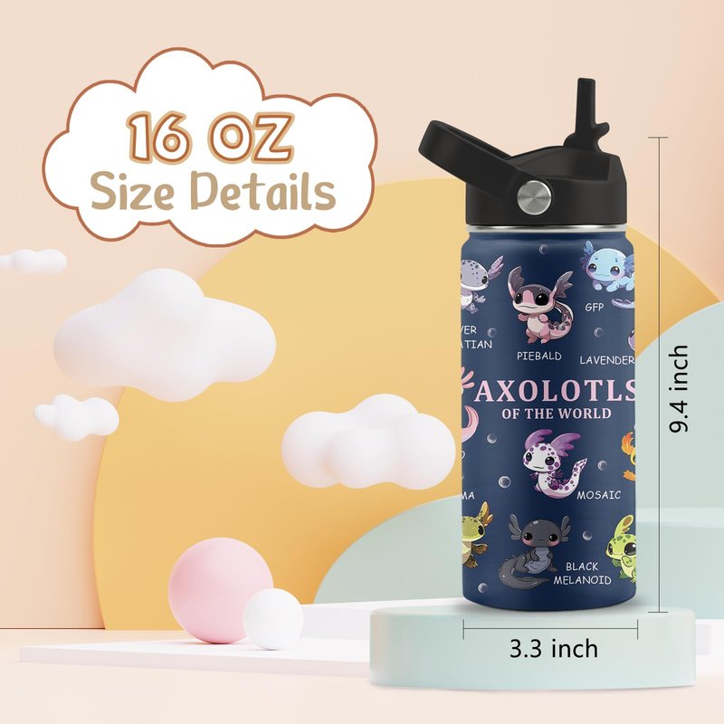 FAIVHSO Axolotl Gifts, 16 oz Water Bottle with Straw Lid, Stainless Steel Insulated Tumbler, Cute Animals Water Bottle, Axolotl Cup Gifts for Birthday Christmas (1pcs)