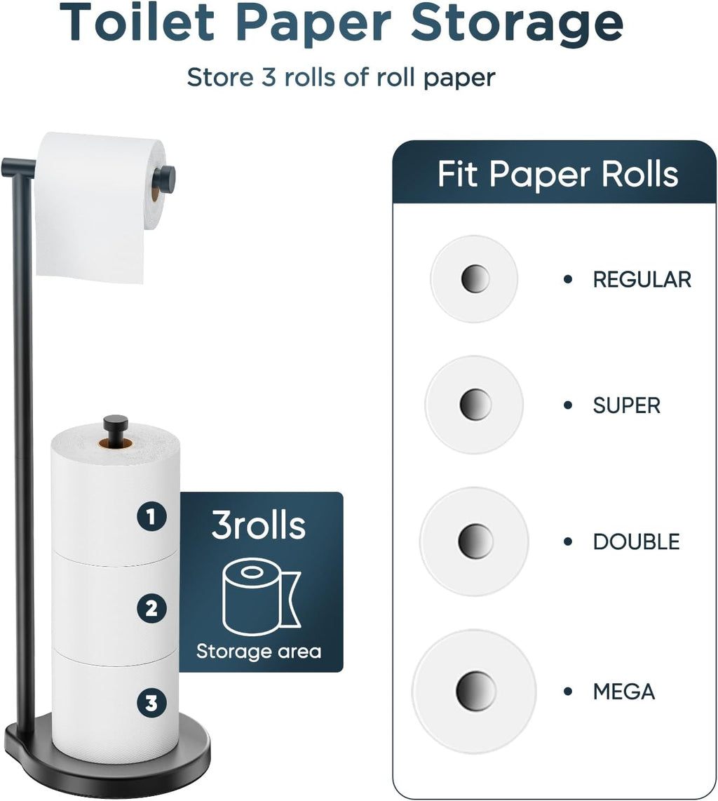 Theaoo Heavy-Duty Toilet Paper Holder Stand - Modern Freestanding Stainless Steel Tissue Roll Holder (Black)