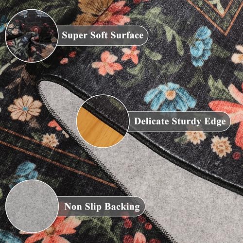 2x6 Washable Vintage Floral Runner Rug, Non-Slip Low Pile Boho Carpet