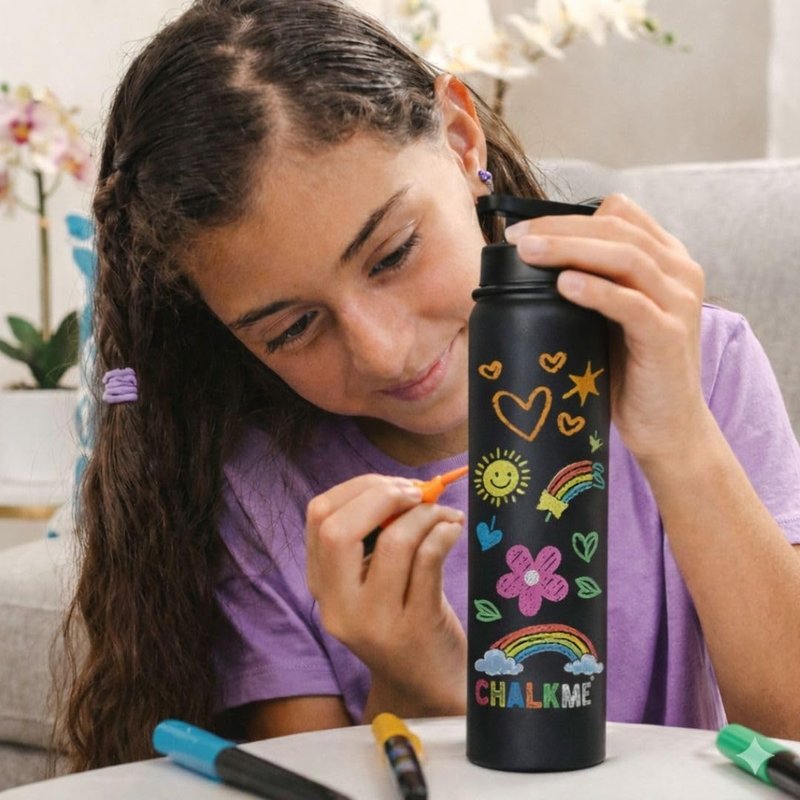 CHALKME Kids Water Bottle 25oz Stainless Steel Vacuum Insulated with Washable Chalk Markers Included, Decorate Your Own Water Bottle, Reusable Gift for Boys and Girls