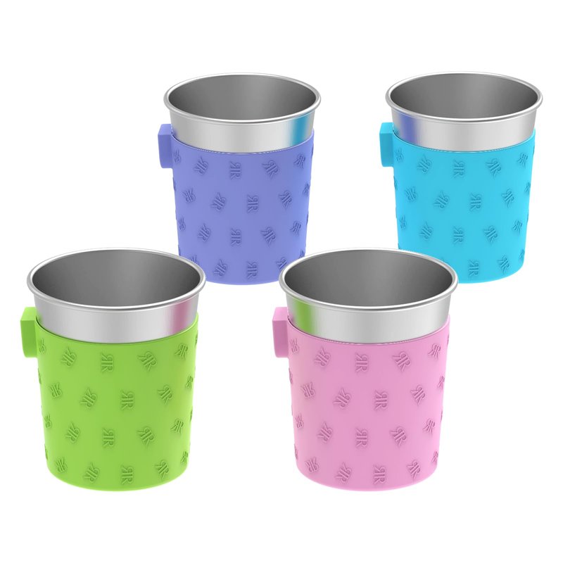 Rich&Ray 8oz Magnetic Reusable Hanging Cup, Stackable Metal Cups Stainless Steel Drinking Cup with Silicone Sleeve for Water Cooler and Fridge (8oz-Purple, Green, Pink, Light Blue)