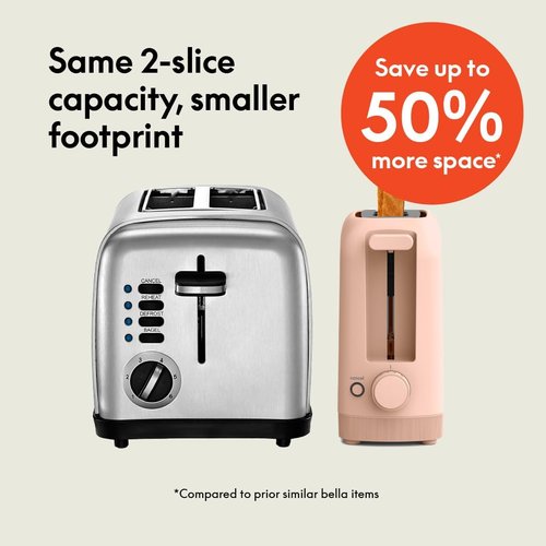 Bella 2 Slice Slim Toaster - 10” Long Slot with 6 Shade Settings, Reheat & Cancel Buttons | Blossom Color