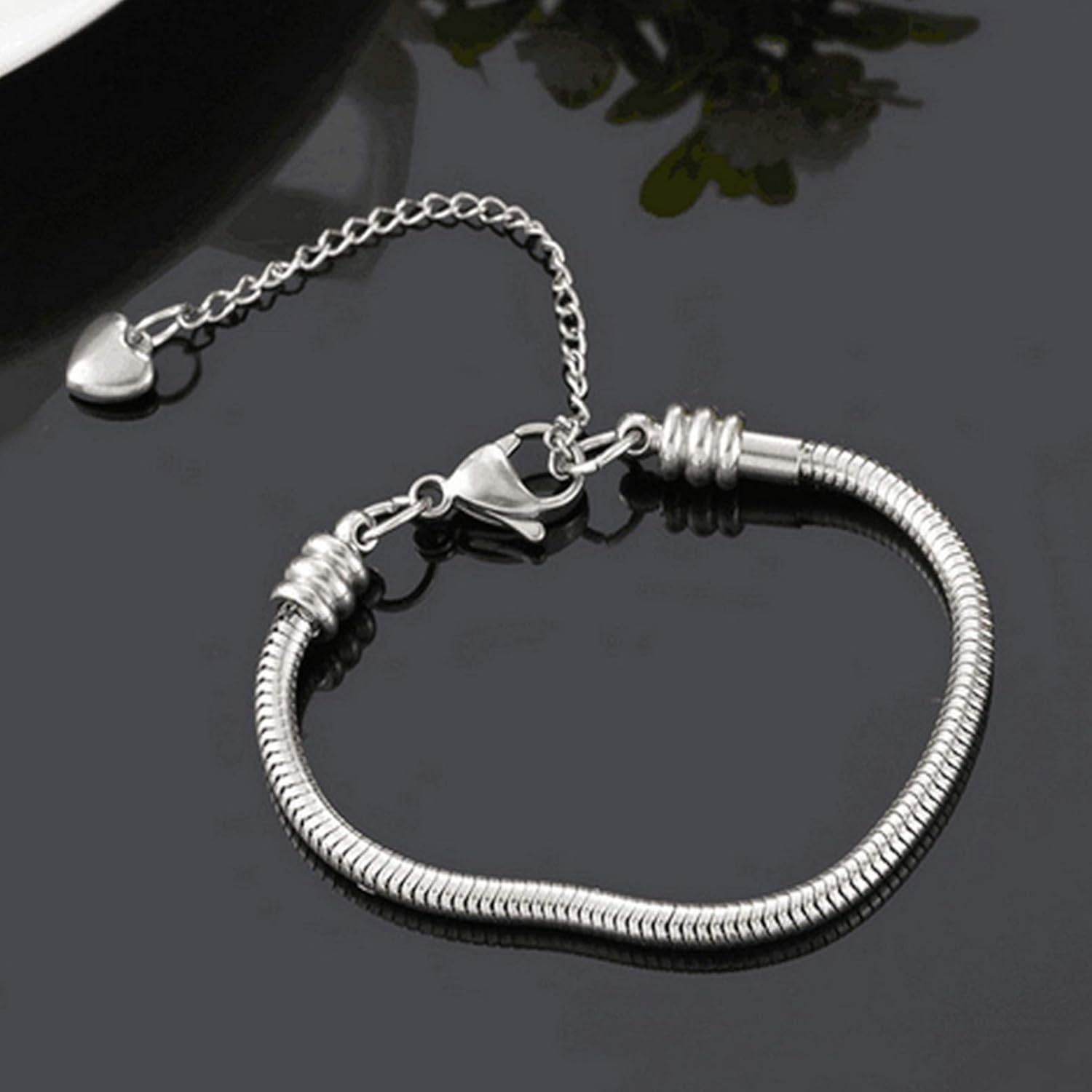 Skiennix Women's Snake Chain Charms Bracelet - Stainless Steel Love Memorial, 6 Inch