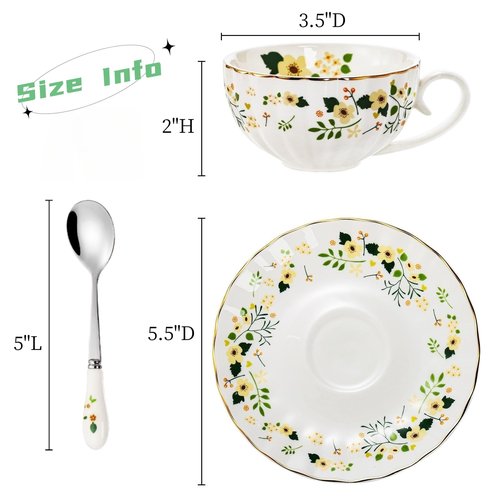 Lyellfe Set of 2 Tea Cup and Saucers, 6 Oz Floral Tea Cups with Spoon Gold Trim, Porcelain Bone China British Coffee Cappuccino Espresso Latte Mugs for Party Birthday Wedding Gifts