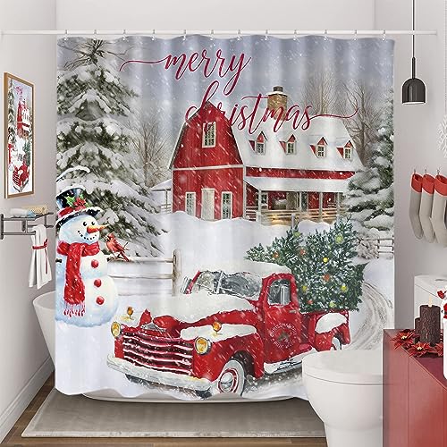 Sanzugh Farmhouse Christmas Shower Curtain Grey 72x78 - Winter Truck Tree Snowman