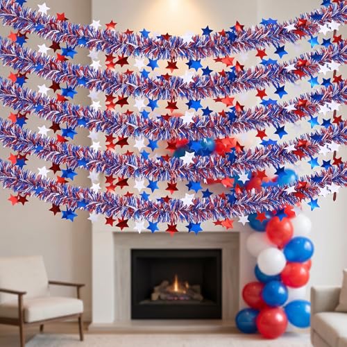 Patriotic Red White Blue Tinsel Garland with Stars - 52.5ft 4th of July Decor