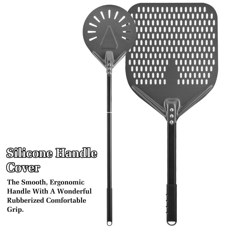 Newmeto 12 Inch + 9 Inch Perforated Pizza Peel Set, Pizza Turning Peel with Metal Handle, Pizza Spatula Paddle for Homemade Pizza Oven Accessories