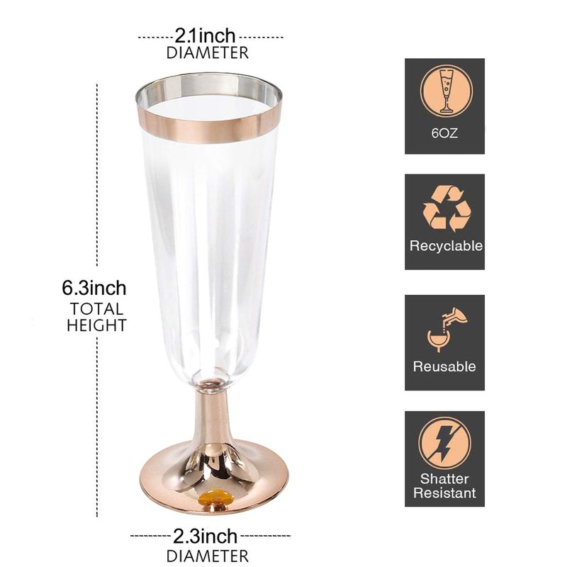 I00000 50 Pack Rose Gold Plastic Champagne Flutes, 5 Oz Fancy Rose Gold Champagne Glasses Plastic Classicware Toasting Glasses Disposable Party Cocktail Cups for Wedding & Party
