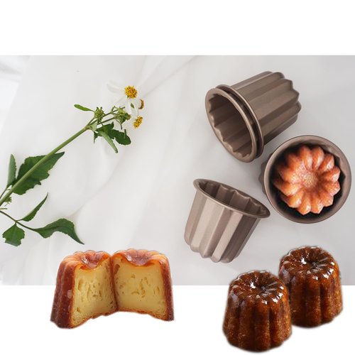 LoveDeal Set of 4 Nonstick Canele Molds, Mini Lace Canele Mold, Individual Washable Carbon Steel Canelle Pastry Molds, Popover Muffin Cupcake Pans for Oven Baking - 2.8 Inch, Gold