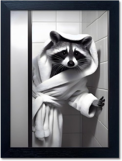 Farmhouse Bathroom Decor | Cute Raccoon Wall Art - Black and White Canvas Print for Fun Bathroom Accent