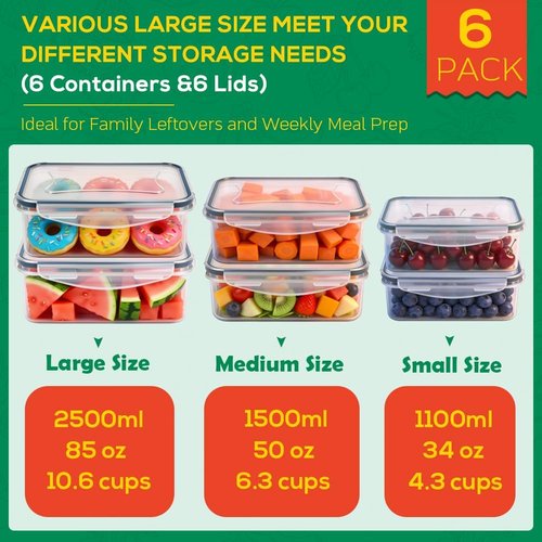 Large Food Storage Containers by [Brand Name] - BPA-Free, Airtight & Leakproof | 6 Pack, Various Sizes (85oz/50oz/34oz)