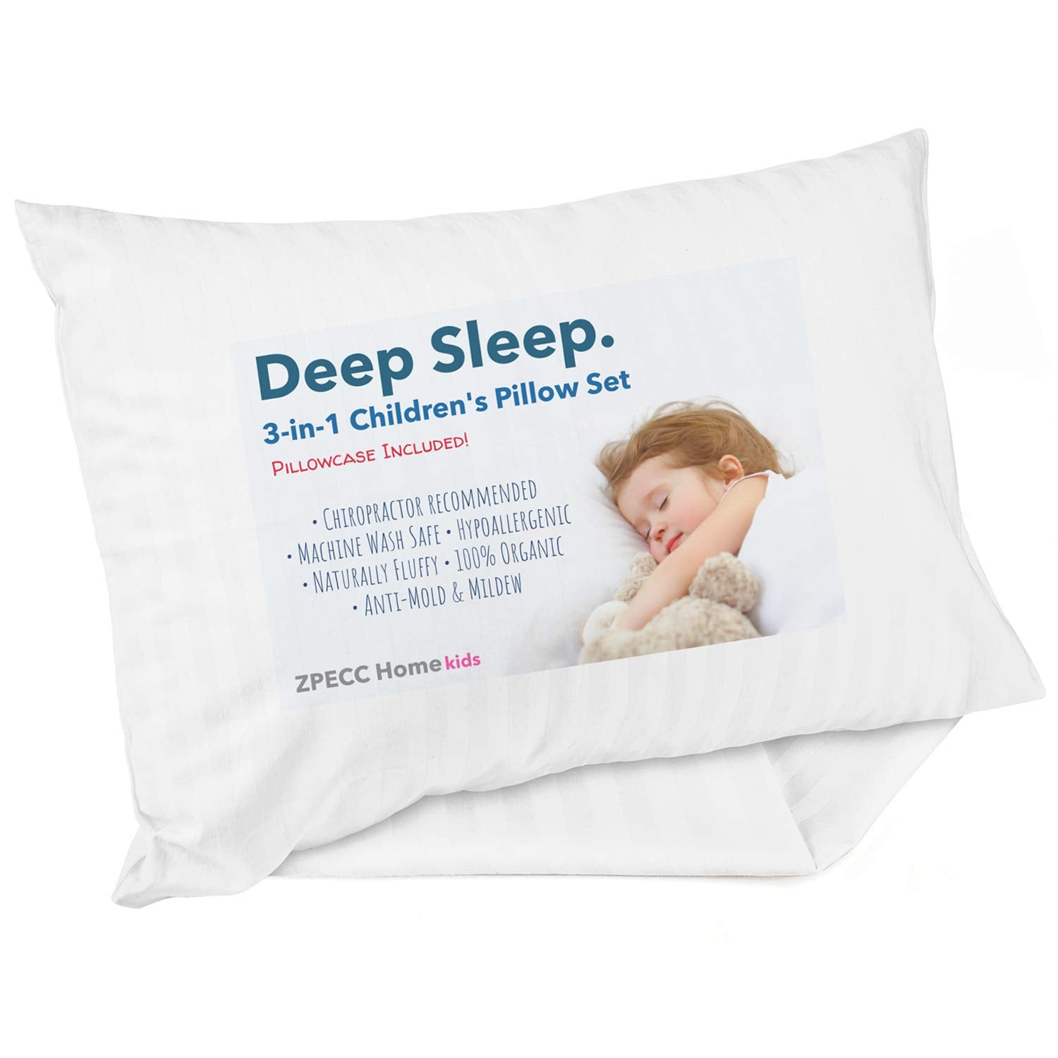 ZPECC Toddler Pillow - Hypoallergenic Organic Cotton Pillowcase | 13x18 for Travel & Daycare, White Stripe