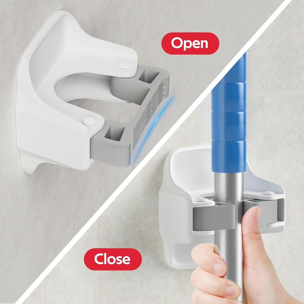 Reliahom Broom Holder Wall Mount - No Drilling, Self-Adhesive Mop Grippers | 3-Pack White Garage Organizer