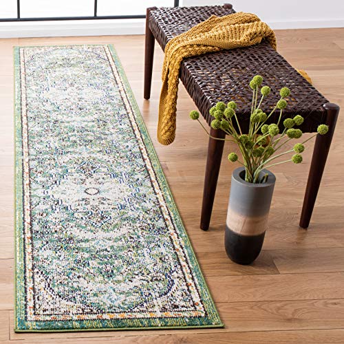 SAFAVIEH Madison Collection Runner Rug - 2'2" x 6', Green & Turquoise, Boho Chic Medallion Distressed Design, Non-Shedding & Easy Care, Ideal for High Traffic Areas in Living Room, Bedroom (MAD447Y)