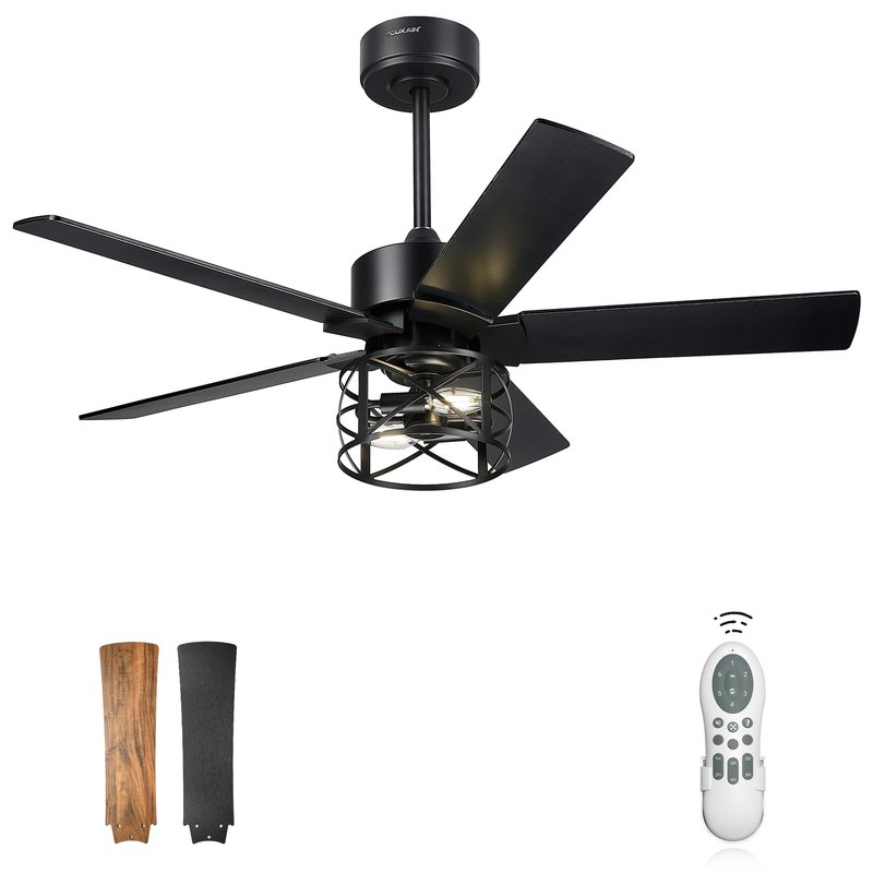 YOUKAIN 42 Inch Ceiling Fan with Lights and Remote, DC Motor 35dB Quiet, Black Farmhouse Ceiling Fan with 5 Reversible Blades for Small Room Bedroom, 42-YJ632-BKW