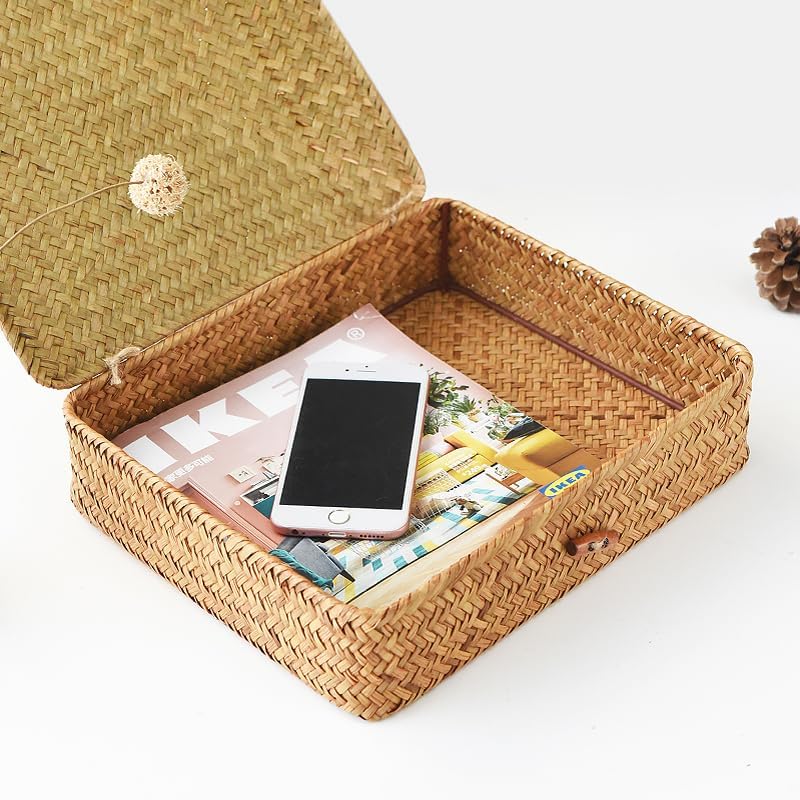 Seagrass Storage Baskets - Decorative Woven Baskets with Lid for Organizing | Shallow Design