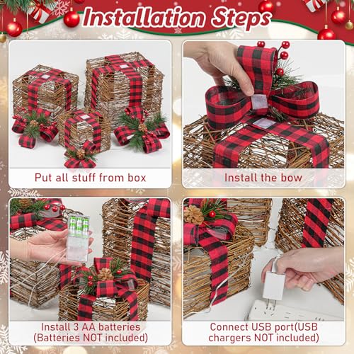 Christmas Gift Box Set with LED Lights, Rustic Rattan Decor, 3 Sizes
