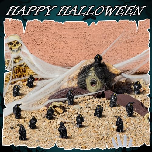 50 Pcs Halloween Miniature Crow Figurines - Black Resin Tiny Raven Decor