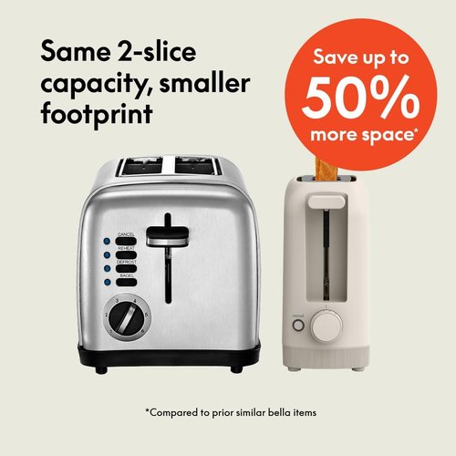 Bella 2 Slice Slim Toaster - 10” Long Slot with 6 Shade Settings, Reheat & Cancel Functions, Oatmilk Color