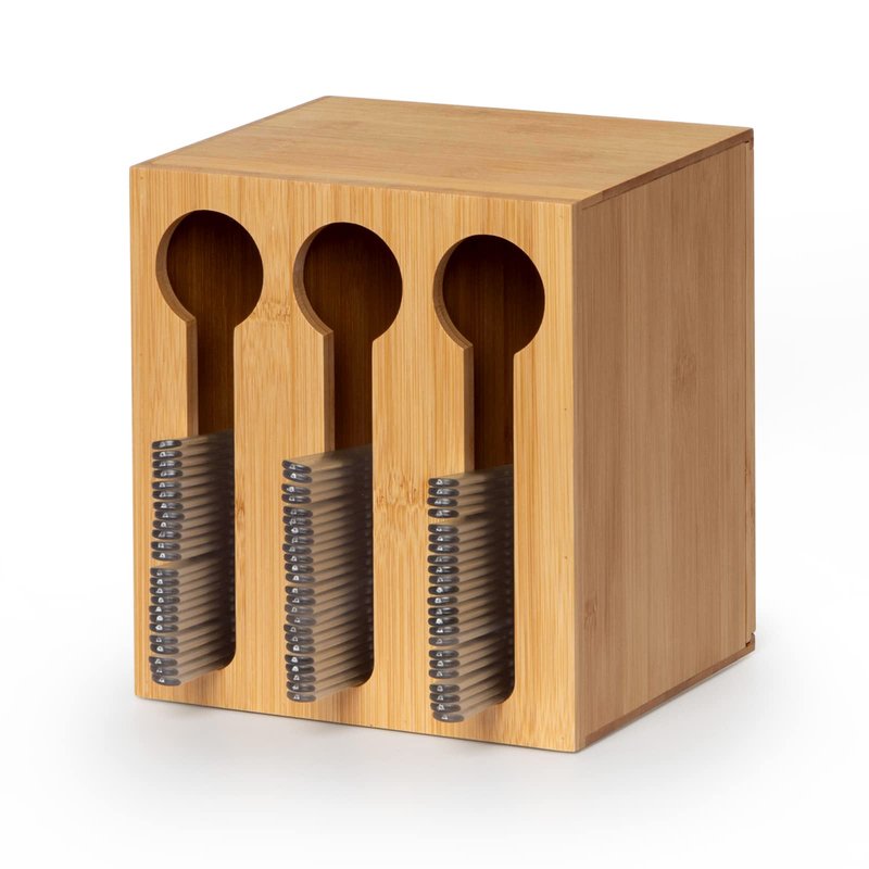 ANBOXIT Bamboo Utensil Dispenser for Spoons and Forks, Plastic Utensil Holder Station with 3 Compartments, Plastic Silverware Dispenser, Cutlery Organizer for Party, Wedding, Church and Breakroom