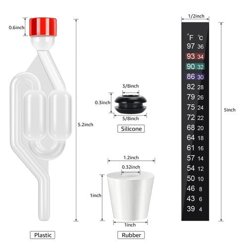 Dbgogo S-Shape Brewing Airlock Kit, 5 Pack Homebrew Airlocks for Fermenting with Airlock Grommets, Carboy Stoppers, CO2 Venting Hole Dust Caps & 2 Brewing Aquarium Thermometer Stickers