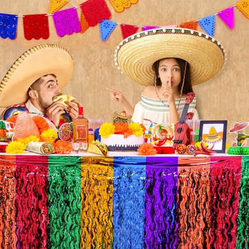 Fiesta Metallic Foil Fringe Table Skirts, 2 Pack Mexican Party Decorations