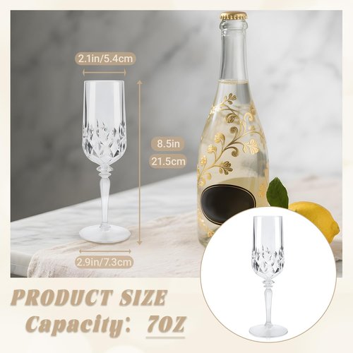 LEYIQU Detachable Plastic Champagne Flutes 7oz (Set of 12, Clear), Reusable Shatterproof Unbreakable Champagne Glasses, Toasting Cups for Wedding, Party, Mimosa Bar, Anniversary & Event Drinks