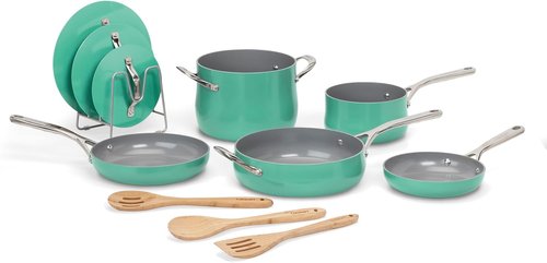 Cuisinart 12-Piece Ceramic Cookware Set - Nonstick Pots & Pans for Even Heat Cooking | Teal Finish