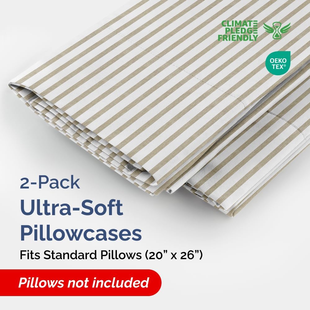 Skiennix Standard Pillow Cases - Ultra-Soft Hotel Quality Covers | Comfy, Wrinkle-Free & Stain Resistant - 2 Piece Set in Beige Stripes