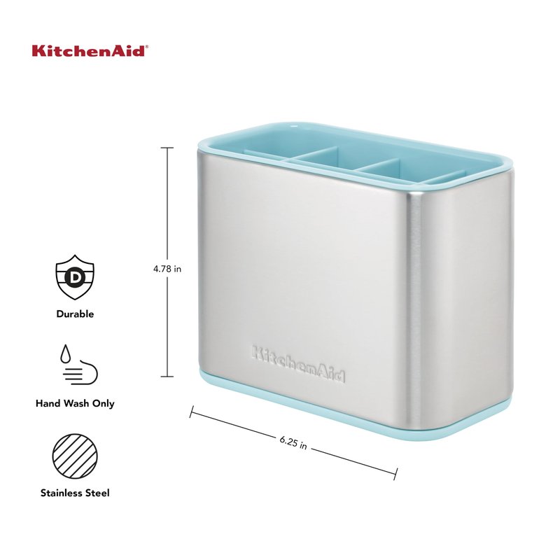 KitchenAid Multi Compartment Sink Brush and Sponge Caddy with Perforation for Quick Air Drying, 3.25 x 4.78 x 6.25 Inch, Mineral Water