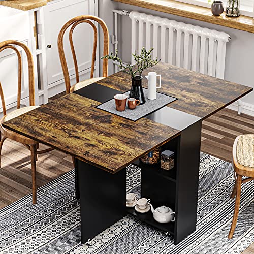 Folding Dining Table with Storage Shelves and 6 Wheels, Rustic Brown