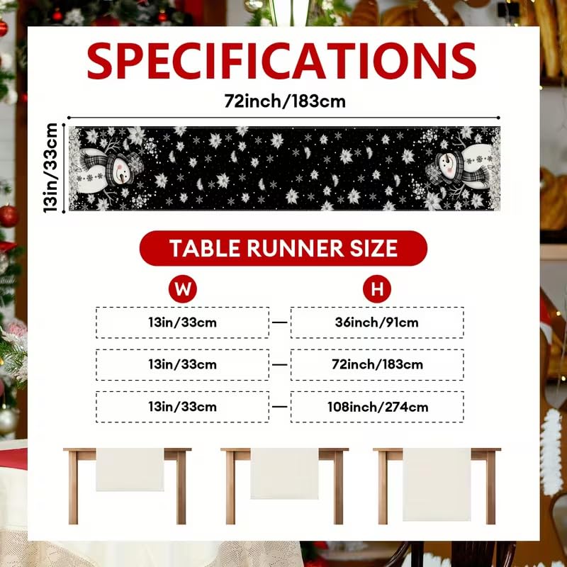 CQFusSTORE 13x36 Inch Xmas Snowman Feather White Floral Black Table Runner Seasonal Holiday Decor