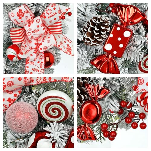 Arborus 24" Artificial Christmas Wreath with Red Candy Accents, Double Ribbon Bows, Pine Cones & Ornaments – White Cedar Base (Variation: Wreath)