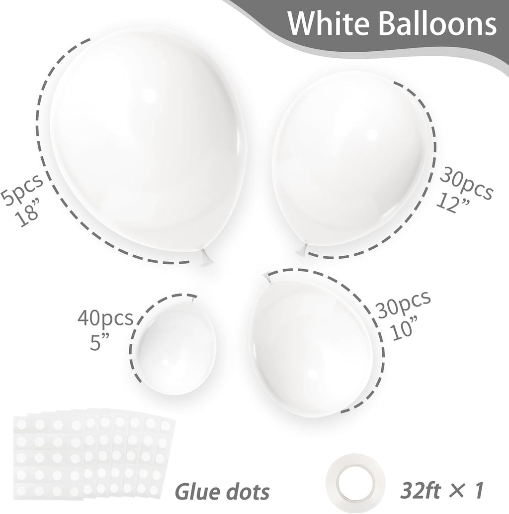 RUBFAC White Balloons - 105pcs in 5/10/12/18 Inch Sizes | Ideal for Garland, Party & Event Decorations